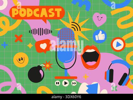 Podcast bright childish banner. Broadcast,news streaming. Template for shows,live performances. Concept of audio online, online radio, streaming services, talk show. Vector illustration Stock Vector