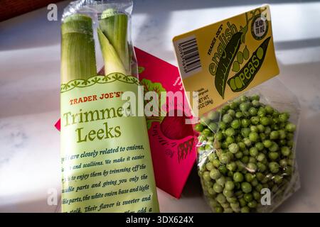 Kitchen counter with store brand products from Trader Joe's Grocery Store, 2026, NYC, USA Stock Photo