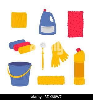 Household cleaning set: items for quality cleaning, including buckets, wipes, and cleaning products. Vector illustration. Stock Vector