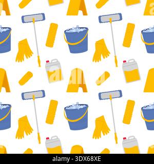 Floor cleanliness: blue, yellow seamless pattern. Cleaning products and floor cleaning equipment. Repeated pattern for wallpapers. Stock Vector