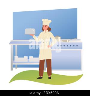 Chef professional in his kitchen near stove. Finished dish is on tray with lid. Special order from chef. Flat vector illustration Stock Vector