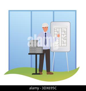 Architect in white helmet presents new project, drawings and layout of new neighborhood. Male architect in office Stock Vector