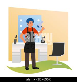 Fashionable male hairdresser at his workplace with tools. Barbershop salon vector illustration. Client's chair near mirror Stock Vector
