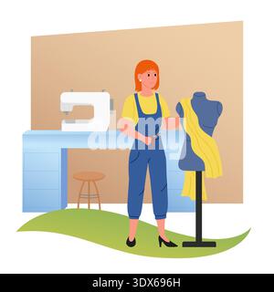 Designer's workplace. Fashion designer girl sews new outfit in her workshop near mannequin. Flat vector illustration. Stock Vector