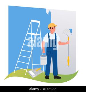 Wall Painter stands with his tools at workplace against background of blue unpainted wall. Flat vector illustration Stock Vector