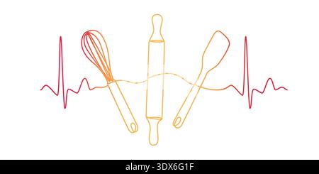 One line drawing of heartbeat combined with baking tools: rolling pin, whisk, and rubber spatula. Stock Vector