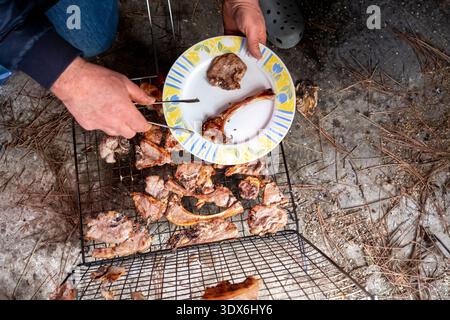 A person grilling assorted meat cuts on an outdoor fire grill, transferring the cooked pieces to a decorative plate, capturing the rustic essence of o Stock Photo