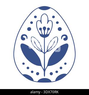 Botanical folk Easter egg with stylized floral ornament. Blue ink style vector illustration on white background Stock Vector
