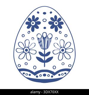 Nordic floral Easter egg with tulip and daisy pattern. Monochrome blue line art vector illustration on light background Stock Vector