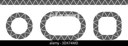 Set of border and round frames with triangular striped ornament in Islamic, African or Mexican style isolated on white background. Fabric decorative elements with streaky motif. Vector illustration. Stock Vector