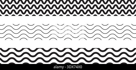 Collection of horizontal borders with wavy pattern isolated on white background. Tapes or ribbons with water print. Decorative elements with simple Stock Vector