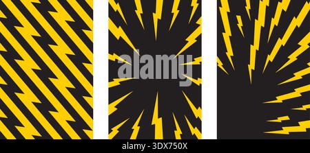 Set of vertical posters with yellow thunderbolt zigzag shapes on black background. Wallpapers with danger or shock manga style print. Flash electric Stock Vector