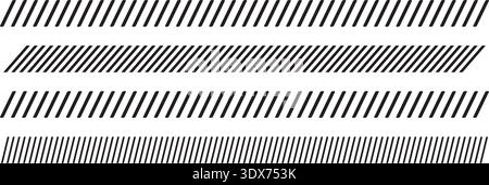Set of borders with repeated slash lines. Dividers with diagonal parallel stripes. Embroidery ornament with slanted black stitches on white background Stock Vector
