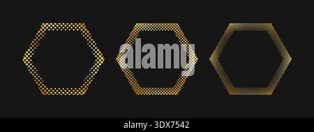 Set of golden hexagon frames with dotted borders. Gold geometric shapes with round pixels, confetti or grain texture isolated on black background. Luxury design elements. Vector illustration. Stock Vector