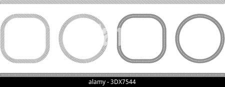Set of dividers and round frames with slash and crossed lines borders. Slanted stitches and crosses embroidery ornaments. Simple sewing overlock Stock Vector