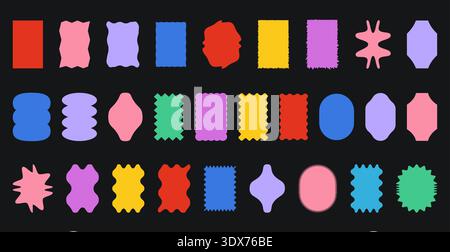 Set of colorful wavy rectangle frames in black. Vibrant box outlines and soft edges for text blocks, card borders and layout accents. Multi-color contour silhouettes vector illustration. Stock Vector