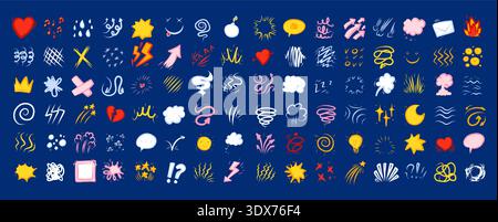 Color comic effect manga elements set on blue background. Fun cartoon doodle icons with explosions, arrows, clouds, motion lines and emotion symbols playful banners, social media layouts book design. Stock Vector