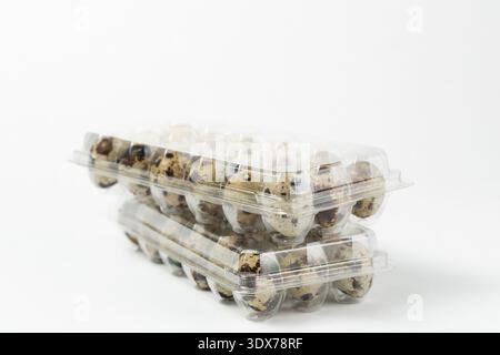Two stacked containers hold quail eggs. Each container is clear and shows a variety of eggs. Stock Photo