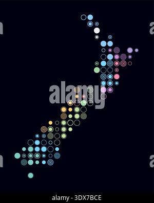 New Zealand, shape of the country built of colored cells. Digital style map of New Zealand on a dark background. Large size circle blocks. Stock Vector