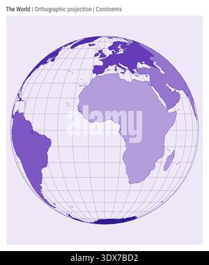 World Map. Orthographic projection. Continents style. High Detail World map for infographics, education, reports, presentations. Vector illustration. Stock Vector