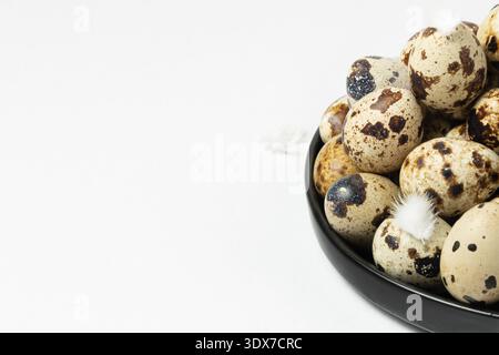 A bowl holds many quail eggs, each with different patterns and colors. Some feathers rest on top of the eggs. Stock Photo