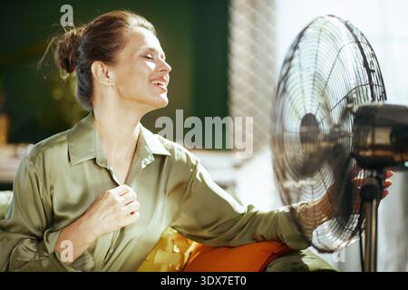 A serene woman, eyes closed and smiling, finds comfort from her metal standing fans cool breeze. Seated on a sofa, she embodies relaxation and well-be Stock Photo