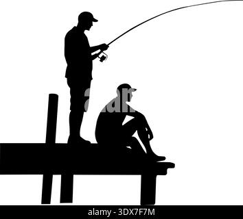 Two Men Fishing on Dock Silhouette Vector Stock Vector