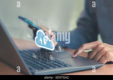 cloud computing shown in hand cloud technology data storage, data transfer, network and internet service concept Stock Photo