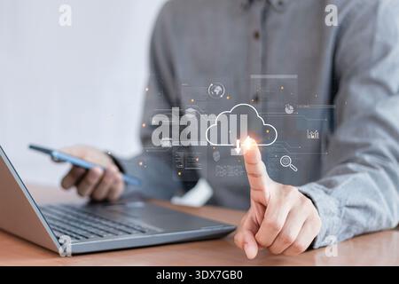 cloud computing shown in hand cloud technology data storage, data transfer, network and internet service concept Stock Photo