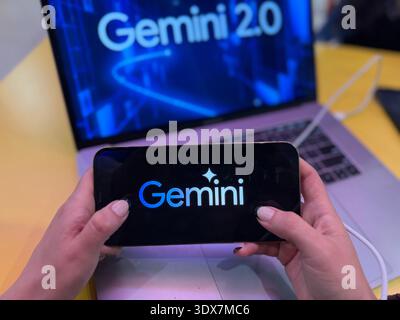 Close-up of the Google Gemini logo on a digital screen. This editorial image illustrates the branding of Google's most capable AI model in 2026. Stock Photo
