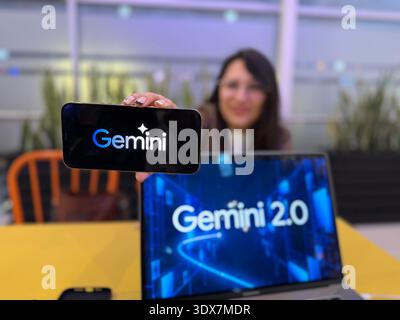 Close-up of the Google Gemini logo on a digital screen. This editorial image illustrates the branding of Google's most capable AI model in 2026. Stock Photo