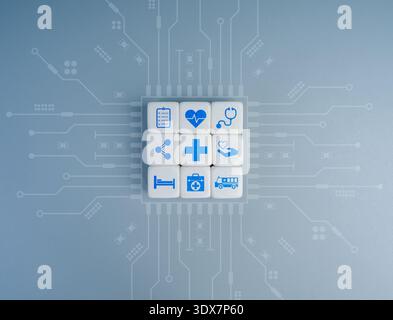 AI healthcare and medical technology concept with digital icons on microchip background. Artificial intelligence in diagnostics, telemedicine, smart h Stock Photo