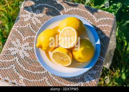 Fresh lemons on lace-covered table in sunny garden setting Stock Photo