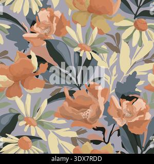 Vector floral seamless pattern. Pale yellow daisies, beige godetia Stock Vector
