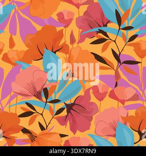Vector floral seamless pattern. Orange, red, pink flowers Stock Vector