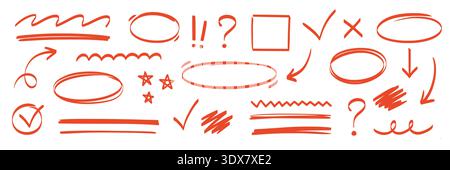 Line pen red highlight arrow set. Line pen hand drawn marker stroke red underline, check mark, emphasis. Arrow, star, round frame marker scribble stroke icon elements. Vector illustration Stock Vector
