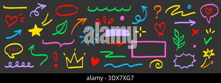 Marker line hand drawn arrow, highlight scribble set. Sketch color hand drawn marker line arrowbrush element shape graphic. Doodle scribble paint underline, circle frame icons. Vector illustration Stock Vector