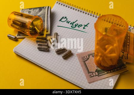 A notebook with the word budget written in green is open. Nearby, there are pills in orange bottles and some cash notes scattered on a yellow surface. Stock Photo