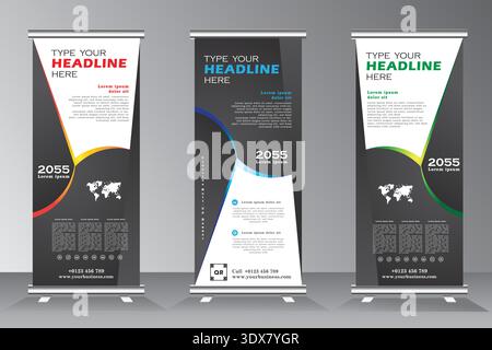 Roll up banner design template, Vertical Banner, modern x banner roll up design exhibition, roll up banner design with black background. Stock Vector