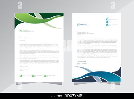 Modern creative clean business letterhead design template with blue and green colour, corporate letterhead vector template with waves, Stock Vector