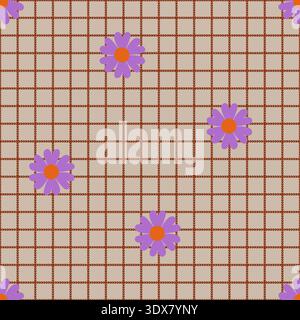 Purple Daisy Plaid Retro Fabric Pattern Stock Vector