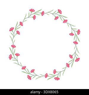 Carnation Wreath Vector Illustration in Flat Minimal Style, Round Floral Frame Border for Wedding Invitation Card Design Stock Vector