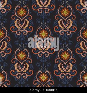 Moody Charcoal Boho Floral Damask Pattern Stock Vector