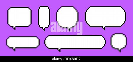 Empty pixel text box set. Various pixelated chat frame collection. Retro 8 bit border shape pack for speach box bubble, message cloud, communication dialog, talk balloon. Vector illustration bundle Stock Vector