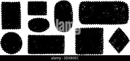 Hand drawn crayon boxes and stamps set. Doodled rough edge borders and frames collection. Black sketched playful geometric shape pack for sticker, logo, collage, banner, patch, label. Vector Stock Vector