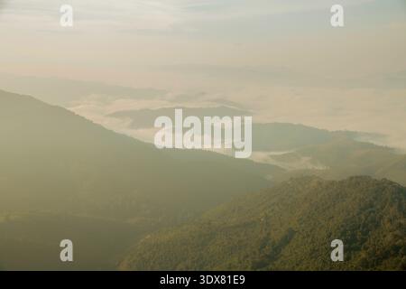 Mountain landscape. foggy morning. High angle view of trees in forest during foggy weather. Beautiful mountain and cloud natural landscape at sunrise Stock Photo