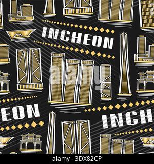 Vector Incheon Seamless Pattern, square background with outline illustration of modern nighttime incheon city scape on dark backdrop for textile, deco Stock Vector