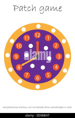 Education Patch game clock for children to develop motor skills, use plasticine patches, buttons, colored paper or color the page, kids preschool Stock Vector