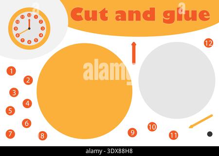 Clock in cartoon style, education game for the development of preschool children, use scissors and glue to create the applique, cut parts of the image Stock Vector