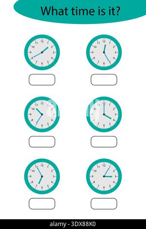 What time is it, game with clocks for children, fun education activity for kids, educational task for the development of logical thinking, preschool Stock Vector
